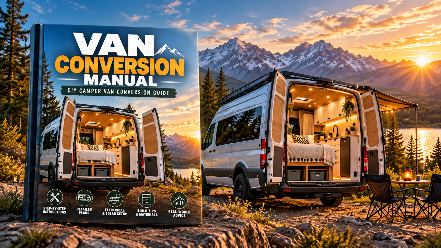 Van Conversion Manual ebook beside a finished camper van in the mountains